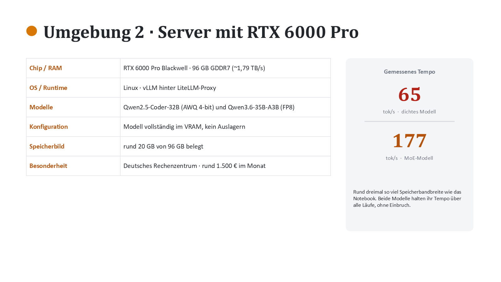 Umgebung 2: Server mit RTX 6000 Pro Blackwell und 96 GB GDDR7 — 65 tok/s dicht, 177 tok/s MoE